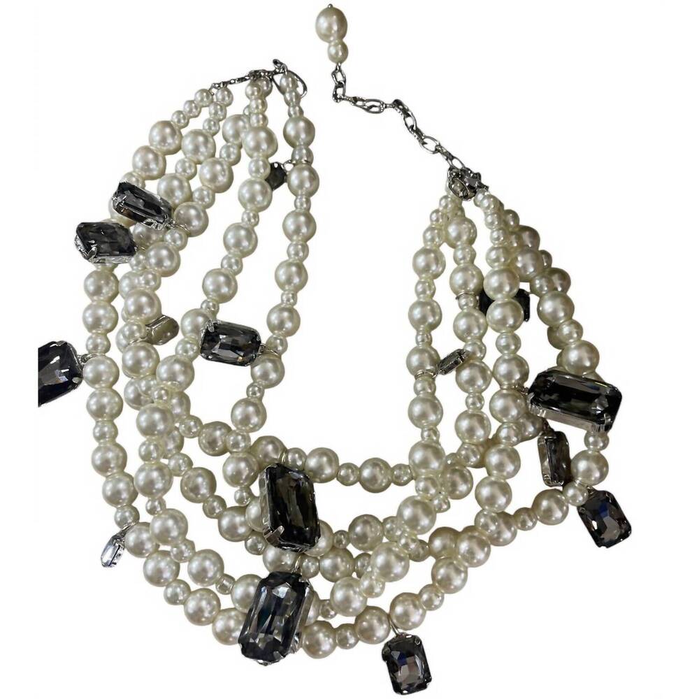 NEW A RARE BIRD women's 5 strand pearl smoky crystal necklace in taupe